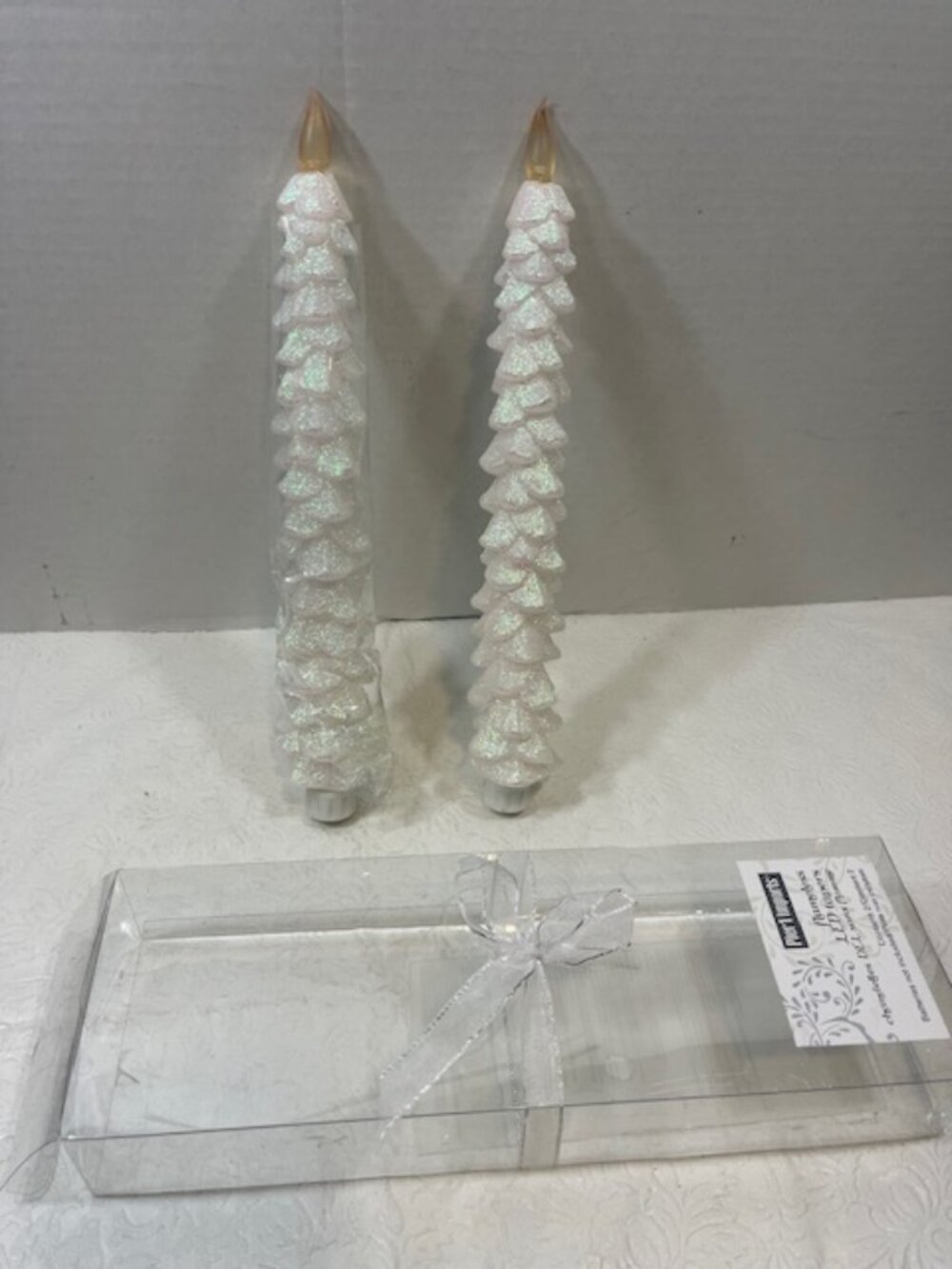 Pair Pier 1 Imports White Glittery Christmas Tree Flameless Taper Candles 11"